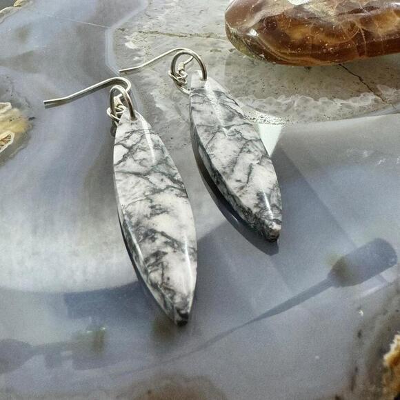 Sterling Silver Elongated Marquise Net Jasper Slab Dangle Earrings For Women 231 - Picture 4 of 10